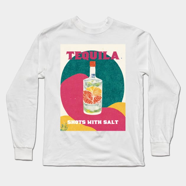 Tequila Retro Poster Shots with Salt Bar Prints, Vintage Drinks, Recipe, Wall Art Long Sleeve T-Shirt by BetterManufaktur
